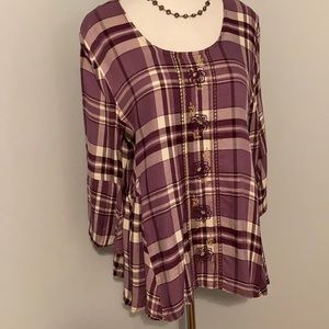 BLUE RAIN 3/4 Bell-Sleeve Plaid Embroidered Peplum Top- NWT